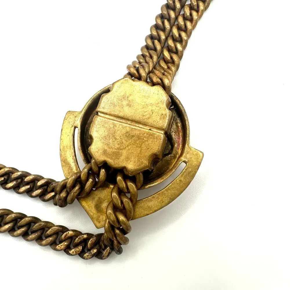 Antique vintage Victorian Revival brass molded green glass slider fob necklace